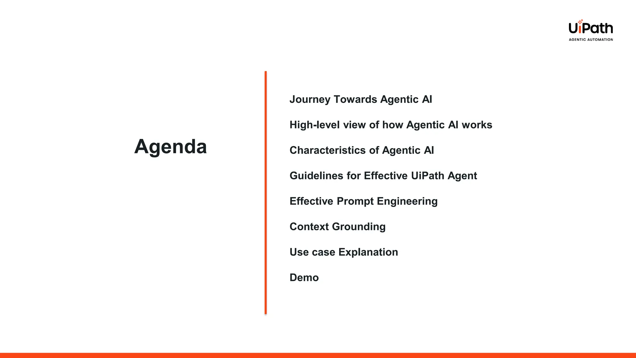Agenda
Journey Towards Agentic AI
High-level view of how Agentic AI works
Characteristics of Agentic AI
Guidelines for Effective UiPath Agent
Effective Prompt Engineering
Context Grounding
Use case Explanation
Demo
 