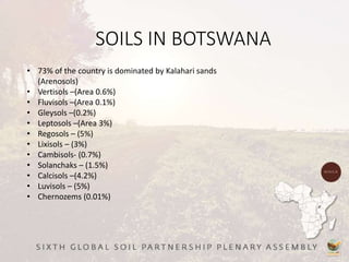 SOILS IN BOTSWANA
• 73% of the country is dominated by Kalahari sands
(Arenosols)
• Vertisols –(Area 0.6%)
• Fluvisols –(Area 0.1%)
• Gleysols –(0.2%)
• Leptosols –(Area 3%)
• Regosols – (5%)
• Lixisols – (3%)
• Cambisols- (0.7%)
• Solanchaks – (1.5%)
• Calcisols –(4.2%)
• Luvisols – (5%)
• Chernozems (0.01%)
 