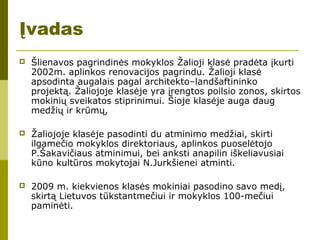 Įvadas
 Šlienavos pagrindinės mokyklos Žalioji klasė pradėta įkurti
2002m. aplinkos renovacijos pagrindu. Žalioji klasė
apsodinta augalais pagal architekto–landšaftininko
projektą. Žaliojoje klasėje yra įrengtos poilsio zonos, skirtos
mokinių sveikatos stiprinimui. Šioje klasėje auga daug
medžių ir krūmų,
 Žaliojoje klasėje pasodinti du atminimo medžiai, skirti
ilgamečio mokyklos direktoriaus, aplinkos puoselėtojo
P.Šakavičiaus atminimui, bei anksti anapilin iškeliavusiai
kūno kultūros mokytojai N.Jurkšienei atminti.
 2009 m. kiekvienos klasės mokiniai pasodino savo medį,
skirtą Lietuvos tūkstantmečiui ir mokyklos 100-mečiui
paminėti.
 