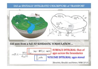 SAS as SPATIALLY INTEGRATED DESCRIPTORS of TRANSPORT
SAS seen from a full 3D KINEMATIC FORMULATION ...
SURFACE INTEGRAL: flux of
ages across the boundaries
VOLUME INTEGRAL: ages stored
T
[Benettin, Rinaldo and Botter, WRR 2013]
 