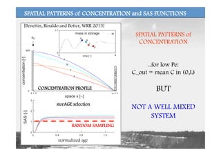 SPATIAL PATTERNS of CONCENTRATION and SAS FUNCTIONS
SPATIAL PATTERNS of
CONCENTRATION
..for low Pe:
C_out = mean C in (0,L)
BUT
NOT A WELL MIXED
SYSTEM
storAGE selection
[Benettin, Rinaldo and Botter, WRR 2013]
RANDOM SAMPLING
normalized age
CONCENTRATION PROFILE
 
