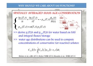 WHY SHOULD WE CARE ABOUT SAS FUNCTIONS?
)(
)(
),(
),(),(
tM
t
tTp
T
tTp
t
tTp out
out
SS φ
−=
∂
∂
+
∂
∂
),(),(),( tTptTtTp Sout ω=
>> derive ps(T,t) and pout(T,t) for water based on SAS
and integral fluxes/storage
( ) ( ) ( )∫∞−
−=
t
iioutiINout dttttptCtC ,
>> water age distributions can be used to compute
concentrations of conservative (or reactive) solutes:
SPATIALLY AVERAGED MASS AGE CONSERVATION
{
[Botter et al., GRL 2011; Botter WRR 2012; Rinaldo et al., WRR 2011]
 