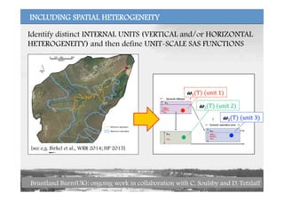 INCLUDING SPATIAL HETEROGENEITY
Identify distinct INTERNAL UNITS (VERTICAL and/or HORIZONTAL
HETEROGENEITY) and then define UNIT-SCALE SAS FUNCTIONS
𝝎1(T)  (unit  1)
1(T)  (unit  1)
[see e.g. Birkel et al., WRR 2014; HP 2015]
𝝎2(T)  (unit  2)
2(T)  (unit  2)
𝝎3(T)  (unit  3)
3(T)  (unit  3)
Bruntland Burn(UK): ongoing work in collaboration with C. Soulsby and D. Tetzlaff
 