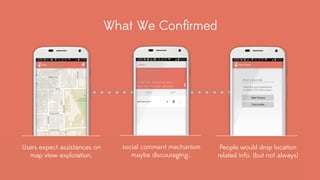 What We Confirmed 
Users expect assistances on 
map view exploration. 
social comment mechanism 
maybe discouraging.. 
People would drop location 
related info. (but not always) 
 