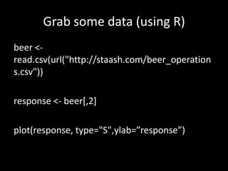 Grab some data (using R)
beer <-
read.csv(url("http://staash.com/beer_operation
s.csv"))
response <- beer[,2]
plot(response, type="S",ylab=”response”)
 