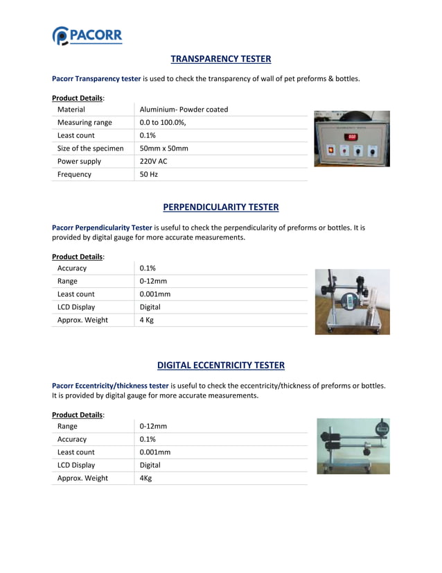 Bottles (pet, preform & glass) testing instruments | PDF