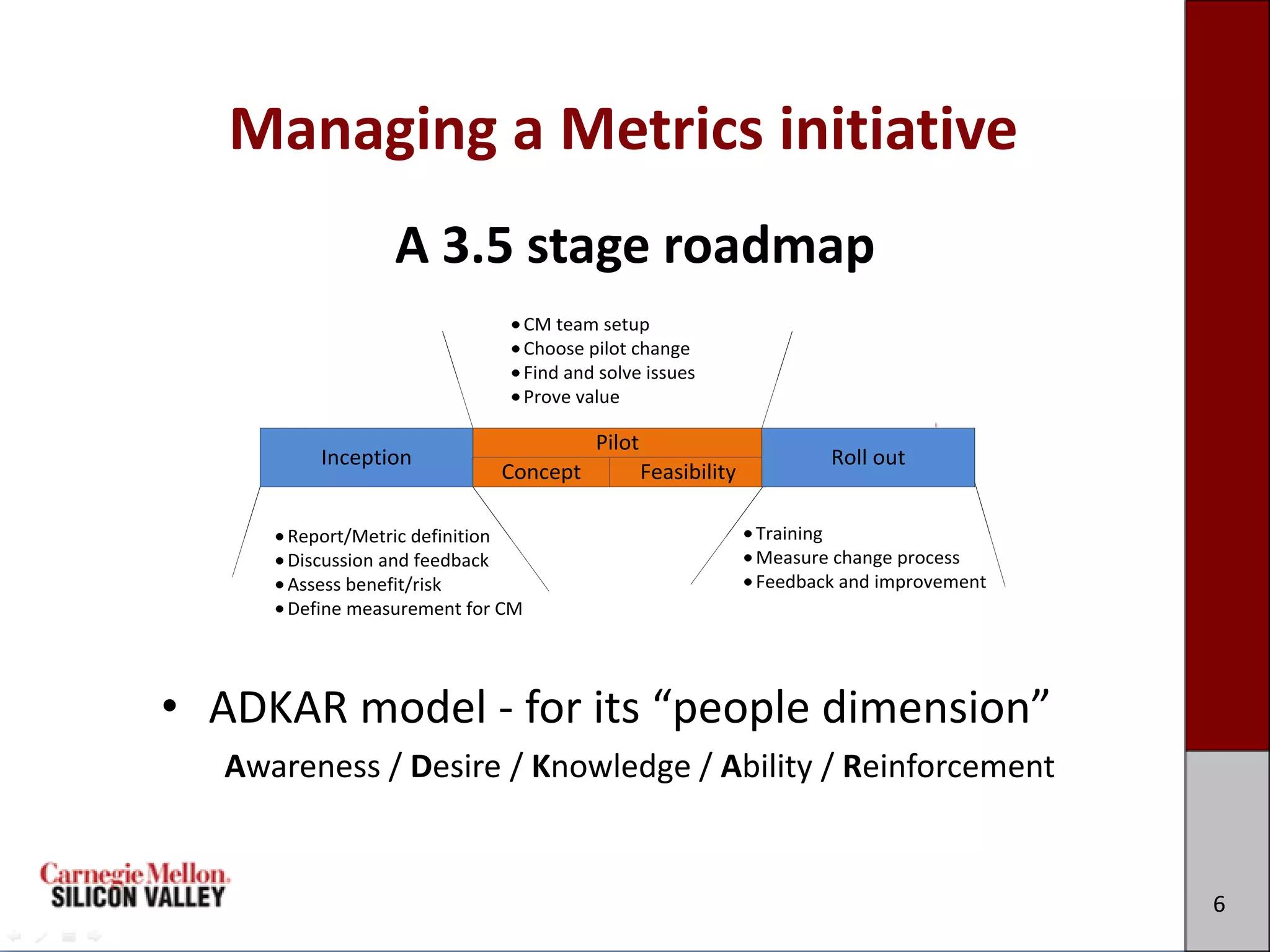Managing a Metrics initiative
                 A 3.5 stage roadmap
                               CM team setup
                                 CM team setup
                               Choose pilot change
                                 Choose pilot change
                               Find and solve issues
                                 Find and solve issues
                               Prove value
                                 Prove value
                                       Pilot
         Inception                                                  Roll out
                             Concept           Feasibility

      Report/Metric definition                               Training
        Report/Metric definition                               Training
                                                             Measure change process
      Discussion and feedback
        Discussion and feedback                                Measure change process
                                                             Feedback and improvement
      Assess benefit/risk
        Assess benefit/risk                                    Feedback and improvement
      Define measurement for CM
        Define measurement for CM



• ADKAR model - for its “people dimension”
  Awareness / Desire / Knowledge / Ability / Reinforcement


                                                                                          6
 