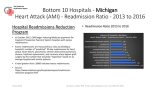 Bottom 10 Hospitals - Michigan
Heart Attack (AMI) - Readmission Ratio - 2013 to 2016
Hospital Readmissions Reduction
Program
• In October 2012, CMS began reducing Medicare payments for
Inpatient Prospective Payment System hospitals with excess
readmissions.
• Excess readmissions are measured by a ratio, by dividing a
hospital’s number of “predicted” 30-day readmissions for heart
attack, heart failure, pneumonia, chronic obstructive pulmonary
disease, hip/knee replacement, and coronary artery bypass graft
surgery by the number that would be “expected,” based on an
average hospital with similar patients.
• A ratio greater than 1.0000 indicates excess readmissions.
• Source:
https://www.medicare.gov/hospitalcompare/readmission-
reduction-program.html
• Readmission Ratio 2013 to 2016
10/21/2018 Jim Basch, Editor HPR. Email: jcbasch@yahoo.com Cell: 408.425.4410
The Healthcare
Performance Report
1.23
1.20
1.17
1.13
1.12
1.11
1.10
1.10
1.09
1.09
HARPER UNIVERSITY HOSPITAL
GARDEN CITY HOSPITAL
HURLEY MEDICAL CENTER
MCLAREN GREATER LANSING
COVENANT MEDICAL CENTER
BEAUMONT HOSPITAL, ROYAL OAK
BEAUMONT HOSPITAL, TROY
BEAUMONT HOSPITAL - FARMINGTON HILLS
MCLAREN FLINT
PROMEDICA MONROE REGIONAL HOSPITAL
Bottom 10 Hospitals, Michigan
Heart Attack (AMI) - Readmission Ratio - 2013 to 2016
 