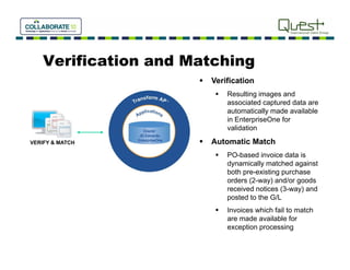 Verification and Matching
                         Verification
                              Resulting images and
                               associated captured data are
                               automatically made available
                               in EnterpriseOne for
                               i E t      i O f
                               validation
VERIFY & MATCH           Automatic Match
                              PO-based invoice data is
                               dynamically matched against
                               both pre-existing purchase
                               orders (2-way) and/or goods
                               received notices (3-way) and
                               posted to the G/L
                              Invoices which fail to match
                               are made available for
                               exception processing
 