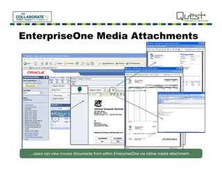 EnterpriseOne Media Attachments




 …users can view invoice documents from within EnterpriseOne via native media attachment…
 