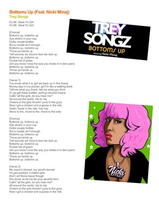 Bottoms Up (Feat. Nicki Minaj)
Trey Songz
It's Mr. Steal Yo Girl
It's Mr. Steal Yo Girl

[Chorus]
Bottoms up, bottoms up
Aye what's in your cup
Gotta couple bottles
But a couple ain't enough
Bottoms up, bottoms up
Throw ya hands up
Tell security we 'bout to tear dis club up
Bottoms up, bottoms up
Pocket full of green
Girl you know I love the way you shake it in dem jeans
Bottoms up, bottoms up
Throw ya hands up
Bottoms up, bottoms up

[Verse 1]
You know what it is, girl we back up in this thang
Money stay in my pocket, girl I'm like a walking bank
Tell me what you drank, tell me what you think
If I go get these bottles, we'll go alcohol insane
Callin' all the girls, do you hear me?
All around the world, city to city
Cheers to the girls throwin' juice to the guys
Now I got a chicken and a goose in the ride
Gettin' loose in the ride, hey hey
Move to the, move to the, move to the side

[Chorus]
Bottoms up, bottoms up
Aye what's in your cup
Gotta couple bottles
But a couple ain't enough
Bottoms up, bottoms up
Throw ya hands up
Tell security we 'bout to tear dis club up
Bottoms up, bottoms up
Pocket full of green
Girl you know I love the way you shake it in dem jeans
Bottoms up, bottoms up
Throw ya hands up
Bottoms up, bottoms up

[Verse 2]
My vision's blurred, my word's slurred
It's jam-packed, a million girls
And I ain'ttryna leave though
We drunk so let me be your alcohol hero
Callin' all the girls, do you hear me?
All around the world, city to city
Cheers to the girls throwin' juice to the guys
Now I got a chicken and a goose in the ride
 