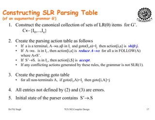Constructing SLR Parsing Table
(of an augumented grammar G’)
1. Construct the canonical collection of sets of LR(0) items for G’.
C←{I0,...,In}
2. Create the parsing action table as follows
• If a is a terminal, A→α.aβ in Ii and goto(Ii,a)=Ij then action[i,a] is shift j.
• If A→α. is in Ii , then action[i,a] is reduce A→α for all a in FOLLOW(A)i , [ , ] ( )
where A≠S’.
• If S’→S. is in Ii , then action[i,$] is accept.
• If any conflicting actions generated by these rules, the grammar is not SLR(1).
3. Create the parsing goto table
• for all non-terminals A, if goto(Ii,A)=Ij then goto[i,A]=j
4. All entries not defined by (2) and (3) are errors.
5 Initial state of the parser contains S’→ S
Dr P K Singh TCS 502 Compiler Design 17
5. Initial state of the parser contains S →.S
 