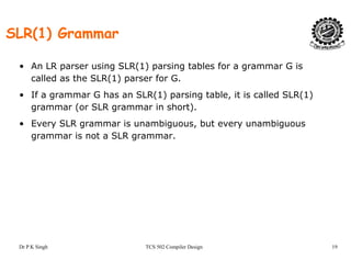 SLR(1) Grammar
• An LR parser using SLR(1) parsing tables for a grammar G is
called as the SLR(1) parser for G.
• If a grammar G has an SLR(1) parsing table, it is called SLR(1)
grammar (or SLR grammar in short).
• Every SLR grammar is unambiguous, but every unambiguous
grammar is not a SLR grammar.
Dr P K Singh TCS 502 Compiler Design 19
 
