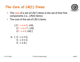 The Core of LR(1) Items
• The core of a set of LR(1) Items is the set of their first
components (i.e., LR(0) items)
• The core of the set of LR(1) items• The core of the set of LR(1) items
{ (C → c • C, c/d),
(C → • c C, c/d),
(C → • d, c/d) }
is { C → c • C,
C → • c C,
C → • d }C → • d }
Dr. P K Singh TCS 502 Compiler Design slide35
 
