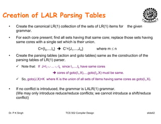 Creation of LALR Parsing Tables
• Create the canonical LR(1) collection of the sets of LR(1) items for the given
grammar.
• For each core present; find all sets having that same core; replace those sets havingFor each core present; find all sets having that same core; replace those sets having
same cores with a single set which is their union.
C={I0,...,In} C’={J1,...,Jm} where m ≤ n
C h i bl ( i d bl ) h i f h• Create the parsing tables (action and goto tables) same as the construction of the
parsing tables of LR(1) parser.
Note that: If J=I1 ∪ ... ∪ Ik since I1,...,Ik have same cores
cores of goto(I1,X),...,goto(I2,X) must be same.
So, goto(J,X)=K where K is the union of all sets of items having same cores as goto(I1,X).
• If no conflict is introduced, the grammar is LALR(1) grammar.
(We may only introduce reduce/reduce conflicts; we cannot introduce a shift/reduce
conflict)
Dr. P K Singh TCS 502 Compiler Design slide42
 
