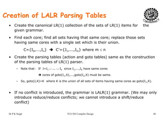 Creation of LALR Parsing Tables
• Create the canonical LR(1) collection of the sets of LR(1) items for the
given grammar.
• Find each core; find all sets having that same core; replace those setsd eac co e; d a sets a g t at sa e co e; ep ace t ose sets
having same cores with a single set which is their union.
C={I0,...,In} C’={J1,...,Jm} where m ≤ n
• Create the parsing tables (action and goto tables) same as the construction
of the parsing tables of LR(1) parser.
– Note that: If J=I1 ∪ ... ∪ Ik since I1,...,Ik have same cores
cores of goto(I1,X),...,goto(I2,X) must be same.
– So, goto(J,X)=K where K is the union of all sets of items having same cores as goto(I1,X).
• If no conflict is introduced, the grammar is LALR(1) grammar. (We may only
introduce reduce/reduce conflicts; we cannot introduce a shift/reduce
conflict)
Dr P K Singh TCS 502 Compiler Design 48
conflict)
 
