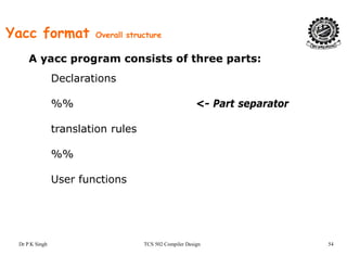 Yacc format Overall structure
Declarations
A yacc program consists of three parts:
%% <- Part separator
translation rules
%%%%
User functions
Dr P K Singh TCS 502 Compiler Design 54
 