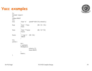 Yacc examples
%{%{
#include <ctype.h>
%}
%token DIGIT
%%
Line : Expr ‘n’ {printf(“%dn”,$1); return(1);}Line : Expr n {printf( %dn ,$1); return(1);}
;
Expr : Expr ‘+’ Term {$$ = $1 + $3;}
| Term
;
Term : Term ‘*’ Factor {$$ = $1 * $3}
| Factor
;
Factor : ‘(‘ expr ‘)’ {$$ = $2;}
: DIGIT
;
%%%%
yylex() {
int c;
c= getchar();
if(isdigit(c)){
yylval=c-’0’;yy ;
return DIGIT;
}
return c;
}
Dr P K Singh TCS 502 Compiler Design 59
 