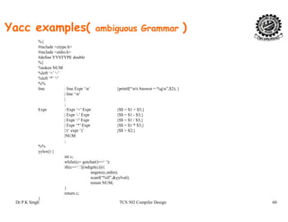 Yacc examples( ambiguous Grammar )
%{%{
#include <ctype.h>
#include <stdio.h>
#define YYSTYPE double
%}
%token NUM%token NUM
%left ‘+’ ‘-’
%left ‘*’ ‘/’
%%
line : line Expr ‘n’ {printf(“nt Answer = %gn”,$2); }
| line ‘n’
|
;
Expr : Expr ‘+’ Expr {$$ = $1 + $3;}
| Expr ‘-’ Expr {$$ = $1 - $3;}
| Expr ‘/’ Expr {$$ = $1 / $3;}
| Expr ‘*’ Expr {$$ = $1 * $3;}| Expr * Expr {$$ = $1 * $3;}
|‘(‘ expr ‘)’ {$$ = $2;}
|NUM
;
%%
yylex() {yy () {
int c;
while((c= getchar()==‘ ‘);
if((c==‘.’||(isdigit(c))){
ungetc(c,stdin);
scanf(“%lf”,&yylval);
Dr P K Singh TCS 502 Compiler Design 60
return NUM;
}
return c;
}
 