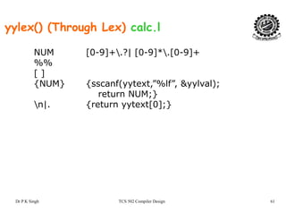 yylex() (Through Lex) calc.l
NUM [0-9]+.?| [0-9]*.[0-9]+
%%
[ ]
{NUM} {sscanf(yytext,”%lf”, &yylval);
return NUM;}return NUM;}
n|. {return yytext[0];}
Dr P K Singh TCS 502 Compiler Design 61
 