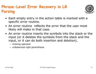 Phrase-Level Error Recovery in LR
Parsingg
• Each empty entry in the action table is marked with a
specific error routine.p
• An error routine reflects the error that the user most
likely will make in that case.
• An error routine inserts the symbols into the stack or the
input (or it deletes the symbols from the stack and the
input, or it can do both insertion and deletion).p , )
– missing operand
– unbalanced right parenthesis
Dr P K Singh TCS 502 Compiler Design 72
 