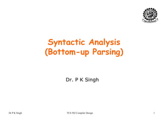 lSyntactic Analysis
(Bottom-up Parsing)(Bottom up Parsing)
Dr. P K Singh
Dr P K Singh TCS 502 Compiler Design 1
 