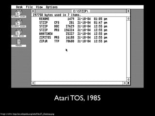 Atari TOS, 1985
Image credits: http://en.wikipedia.org/wiki/File:ST_Desktop.png
 