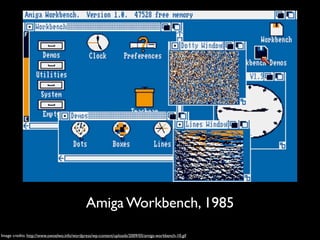 Amiga Workbench, 1985
Image credits: http://www.owoelwo.info/wordpress/wp-content/uploads/2009/05/amiga-workbench-10.gif
 