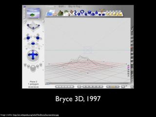 Bryce 3D, 1997
Image credits: http://en.wikipedia.org/wiki/File:Bryce5screenshot.jpg
 