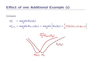 Eﬀect of one Additional Example (i)

Compare
   ∗
  wn      = arg min En(fw )
               w
   ∗                                                  1
  wn+1    = arg min En+1(fw ) = arg min En(fw ) +         ℓ fw (xn+1), yn+1
               w                   w                  n

                              n+1
                                  E (f )
                               n n+1 w

                                           En(f w )



                         w*
                          n+1 w*
                               n
 