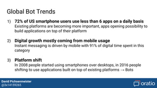 David Pichsenmeister
@3x14159265
Global Bot Trends
1) 72% of US smartphone users use less than 6 apps on a daily basis
Existing platforms are becoming more important, apps opening possibility to
build applications on top of their platform
2) Digital growth mostly coming from mobile usage
Instant messaging is driven by mobile with 91% of digital time spent in this
category
3) Platform shift
In 2008 people started using smartphones over desktops, in 2016 people
shifting to use applications built on top of existing platforms → Bots
 