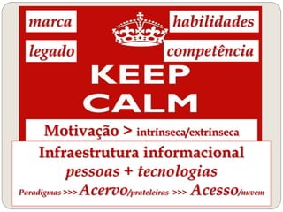 marca
legado
Motivação > intrínseca/extrínseca
competência
habilidades
Infraestrutura informacional
pessoas + tecnologias
Paradigmas >>> Acervo/prateleiras >>> Acesso/nuvem
 