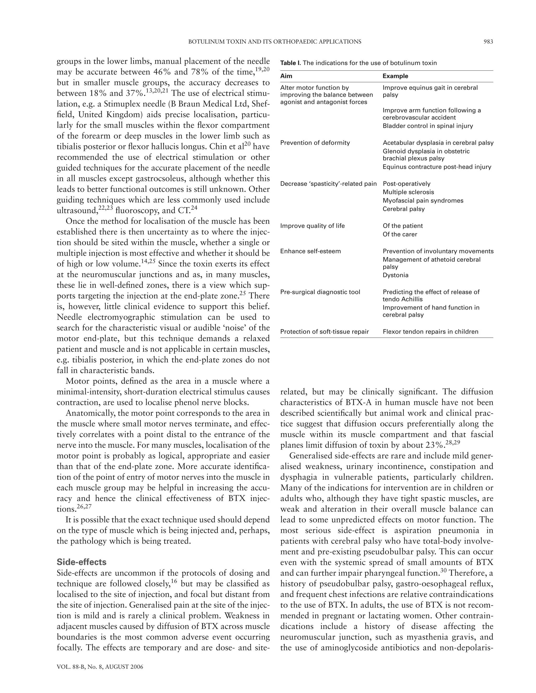 BOTULINUM TOXIN AND ITS ORTHOPAEDIC APPLICATIONS 983
VOL. 88-B, No. 8, AUGUST 2006
groups in the lower limbs, manual placement of the needle
may be accurate between 46% and 78% of the time,19,20
but in smaller muscle groups, the accuracy decreases to
between 18% and 37%.13,20,21
The use of electrical stimu-
lation, e.g. a Stimuplex needle (B Braun Medical Ltd, Shef-
ﬁeld, United Kingdom) aids precise localisation, particu-
larly for the small muscles within the ﬂexor compartment
of the forearm or deep muscles in the lower limb such as
tibialis posterior or ﬂexor hallucis longus. Chin et al20
have
recommended the use of electrical stimulation or other
guided techniques for the accurate placement of the needle
in all muscles except gastrocsoleus, although whether this
leads to better functional outcomes is still unknown. Other
guiding techniques which are less commonly used include
ultrasound,22,23
ﬂuoroscopy, and CT.24
Once the method for localisation of the muscle has been
established there is then uncertainty as to where the injec-
tion should be sited within the muscle, whether a single or
multiple injection is most effective and whether it should be
of high or low volume.14,25
Since the toxin exerts its effect
at the neuromuscular junctions and as, in many muscles,
these lie in well-deﬁned zones, there is a view which sup-
ports targeting the injection at the end-plate zone.25
There
is, however, little clinical evidence to support this belief.
Needle electromyographic stimulation can be used to
search for the characteristic visual or audible ‘noise’ of the
motor end-plate, but this technique demands a relaxed
patient and muscle and is not applicable in certain muscles,
e.g. tibialis posterior, in which the end-plate zones do not
fall in characteristic bands.
Motor points, deﬁned as the area in a muscle where a
minimal-intensity, short-duration electrical stimulus causes
contraction, are used to localise phenol nerve blocks.
Anatomically, the motor point corresponds to the area in
the muscle where small motor nerves terminate, and effec-
tively correlates with a point distal to the entrance of the
nerve into the muscle. For many muscles, localisation of the
motor point is probably as logical, appropriate and easier
than that of the end-plate zone. More accurate identiﬁca-
tion of the point of entry of motor nerves into the muscle in
each muscle group may be helpful in increasing the accu-
racy and hence the clinical effectiveness of BTX injec-
tions.26,27
It is possible that the exact technique used should depend
on the type of muscle which is being injected and, perhaps,
the pathology which is being treated.
Side-effects
Side-effects are uncommon if the protocols of dosing and
technique are followed closely,16
but may be classiﬁed as
localised to the site of injection, and focal but distant from
the site of injection. Generalised pain at the site of the injec-
tion is mild and is rarely a clinical problem. Weakness in
adjacent muscles caused by diffusion of BTX across muscle
boundaries is the most common adverse event occurring
focally. The effects are temporary and are dose- and site-
related, but may be clinically signiﬁcant. The diffusion
characteristics of BTX-A in human muscle have not been
described scientiﬁcally but animal work and clinical prac-
tice suggest that diffusion occurs preferentially along the
muscle within its muscle compartment and that fascial
planes limit diffusion of toxin by about 23%.28,29
Generalised side-effects are rare and include mild gener-
alised weakness, urinary incontinence, constipation and
dysphagia in vulnerable patients, particularly children.
Many of the indications for intervention are in children or
adults who, although they have tight spastic muscles, are
weak and alteration in their overall muscle balance can
lead to some unpredicted effects on motor function. The
most serious side-effect is aspiration pneumonia in
patients with cerebral palsy who have total-body involve-
ment and pre-existing pseudobulbar palsy. This can occur
even with the systemic spread of small amounts of BTX
and can further impair pharyngeal function.30
Therefore, a
history of pseudobulbar palsy, gastro-oesophageal reﬂux,
and frequent chest infections are relative contraindications
to the use of BTX. In adults, the use of BTX is not recom-
mended in pregnant or lactating women. Other contrain-
dications include a history of disease affecting the
neuromuscular junction, such as myasthenia gravis, and
the use of aminoglycoside antibiotics and non-depolaris-
Table I. The indications for the use of botulinum toxin
Aim Example
Alter motor function by
improving the balance between
agonist and antagonist forces
Improve equinus gait in cerebral
palsy
Improve arm function following a
cerebrovascular accident
Bladder control in spinal injury
Prevention of deformity Acetabular dysplasia in cerebral palsy
Glenoid dysplasia in obstetric
brachial plexus palsy
Equinus contracture post-head injury
Decrease ‘spasticity’-related pain Post-operatively
Multiple sclerosis
Myofascial pain syndromes
Cerebral palsy
Improve quality of life Of the patient
Of the carer
Enhance self-esteem Prevention of involuntary movements
Management of athetoid cerebral
palsy
Dystonia
Pre-surgical diagnostic tool Predicting the effect of release of
tendo Achillis
Improvement of hand function in
cerebral palsy
Protection of soft-tissue repair Flexor tendon repairs in children
 
