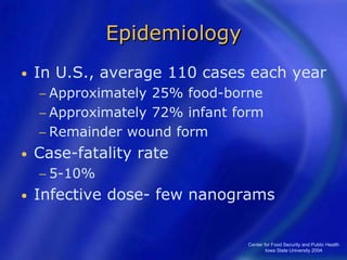 Center for Food Security and Public Health
Iowa State University 2004
Epidemiology
• In U.S., average 110 cases each year
− Approximately 25% food-borne
− Approximately 72% infant form
− Remainder wound form
• Case-fatality rate
− 5-10%
• Infective dose- few nanograms
 