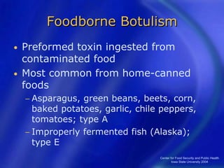 Center for Food Security and Public Health
Iowa State University 2004
Foodborne Botulism
• Preformed toxin ingested from
contaminated food
• Most common from home-canned
foods
− Asparagus, green beans, beets, corn,
baked potatoes, garlic, chile peppers,
tomatoes; type A
− Improperly fermented fish (Alaska);
type E
 