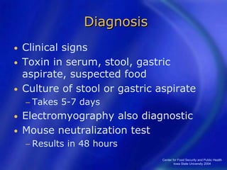 Center for Food Security and Public Health
Iowa State University 2004
Diagnosis
• Clinical signs
• Toxin in serum, stool, gastric
aspirate, suspected food
• Culture of stool or gastric aspirate
− Takes 5-7 days
• Electromyography also diagnostic
• Mouse neutralization test
− Results in 48 hours
 