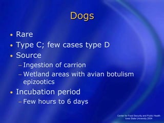 Center for Food Security and Public Health
Iowa State University 2004
Dogs
• Rare
• Type C; few cases type D
• Source
− Ingestion of carrion
− Wetland areas with avian botulism
epizootics
• Incubation period
− Few hours to 6 days
 