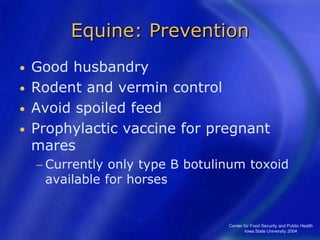 Center for Food Security and Public Health
Iowa State University 2004
Equine: Prevention
• Good husbandry
• Rodent and vermin control
• Avoid spoiled feed
• Prophylactic vaccine for pregnant
mares
− Currently only type B botulinum toxoid
available for horses
 