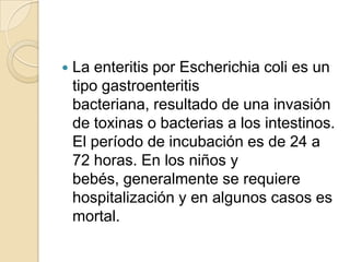 La enteritis por Escherichiacoli es un tipo gastroenteritis bacteriana, resultado de una invasión de toxinas o bacterias a los intestinos. El período de incubación es de 24 a 72 horas. En los niños y bebés, generalmente se requiere hospitalización y en algunos casos es mortal.