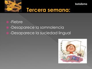  -Fiebre
 -Desaparece la somnolencia
 -Desaparece la suciedad lingual
botulismo
 