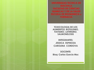 UNIVERSIDAD TECNICA DE
MACHALA
FACULTAD DE CIENCIAS
QUIMICAS Y DE LA SALUD
ESCUELA DE BIOQUIMICA y
FARMACIA

TOXICOLOGIA DE LOS
ALIMENTOS: BOTULISMO,
FAVISMO, LATIRISMO,
SALMONELOSIS
INTEGRANTES:
JESSICA ESPINOZA
CAROLINA CORDOVA
DOCENTE:
Bioq: Carlos Garcia Msc

 