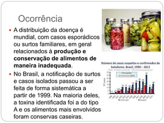 Ocorrência
 A distribuição da doença é
mundial, com casos esporádicos
ou surtos familiares, em geral
relacionados à produção e
conservação de alimentos de
maneira inadequada.
 No Brasil, a notificação de surtos
e casos isolados passou a ser
feita de forma sistemática a
partir de 1999. Na maioria deles,
a toxina identificada foi a do tipo
A e os alimentos mais envolvidos
foram conservas caseiras.
 