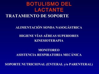 BOTULISMO DEL
            LACTANTE
TRATAMIENTO DE SOPORTE

     ALIMENTACIÓN SONDA NASOGÁSTRICA

       HIGIENE VÍAS AÉREAS SUPERIORES
               KINESIOTERAPIA

                MONITOREO
     ASISTENCIA RESPIRATORIA MECÁNICA

SOPORTE NUTRICIONAL (ENTERAL y/o PARENTERAL)
 