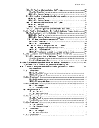 Table de matière

III.1.1.3.1 Analyse et interprétation du 1 er essai…………………………….....79
III.1.1.3.1.1 Analyse…………………………………………………………79
III.1.1.3.1.2 Interprétation ………………………………………………….79
III.1.1.3.2 Analyse et interprétation du 2eme essai……………………………82
III.1.1.3.2.1 Analyse …………………………………………………………82
III.1.1.3.2.2 Interprétation ………………………………………………….82
III.1.1.3.3 Analyse et interprétation du 3eme essai ……………………………..85
III.1.1.3.3.1 Analyse …………………………………………………………85
III.1.1.3.3.2 Interprétation ………………………………………………….85
III.1.1.3.4 Conclusion générale concernant les trois essais……………………86
III.1.1.4 Analyse et interprétation des résultats du joueur Azzas Samir………..90
III.1.1.4.1 Analyse et interprétation du 1eressai……………………………….92
III.1.1.4.1.1 Analyse …………………………………………………………92
III.1.1.4.1.2 Interprétation ………………………………………………….92
III.1.1.4.2 Analyse et interprétation du 2eme essai ……………………………95
III.1.1.4.2.1 Analyse ………………………………………………………..95
III.1.1.4.2.2 Interprétation…………………………………………………95
III.1.1.4.3 Analyse et interprétation du 3 eme essai…………………………....98
III.1.1.4.3 Analyse et discussion du 3eme essai…………………………….98
III.1.1.4.3.2 Interprétation…………………………………………………98
III.1.1.4.4 Conclusion générale concernant les trois essais………………99
III.1.1.5 Analyse et interprétation des résultats du joueur Giba ………………103
III.1.1.5.1 Analyse et interprétation de l’essai…………………………….....104
III.1.1.5.1.1 Analyse………………………………………………………..104
III.1.1.5.1.2 Interprétation………………………………………………...104
III.1.1.6 Mise en correspondance entre les résultats du groupe …………………...107
expérimental et les résultats du joueur de référence (Giba)
II.1.2 Analyse et interprétation des résultats du questionnaire destiné……………111
aux entraîneurs
III.1.2.1 Question nº 1 ……………………………………………………………..111
III.1.2.1.1 Analyse…………………………………………………………111
III.1.2.1.2 Interprétation………………………………………………….111
III.1.2.2 Question nº 2.……………………………………………………………..112
III.1.2.2.1 Analyse………………………………………………………....112
III.1.2.2.2 Interprétation………………………………………………….112
III.1.2.3 Question nº 3 ………………………………………………..……………113
III.1.2.3.1 Analyse ……………………………………...…………………113
III.1.2.3.2 Interprétation ………………………………………………….113
III.1.2.4 Question nº 4 ……………………………………………………...………114
III.1.2.4.1 Analyse …………………………………………………………114
III.1.2.4.2 Interprétation ………………………………………………….114
III.1.2.5 Question nº 5 …………………………………………………………..…115
III.1.2.5.1 Analyse …………………………………………………………115
III.1.2.5.2 Interprétation ………………………………………………….115
III.1.2.6 Question nº 6 ……………………………………………………………..116
III.1.2.6.1 Analyse …………………………………………………………116
III.1.2.6.2 Interprétation ………………………………………………….116
III.1.2.7 Question nº 7 ……………………………………………………………..117
III.1.2.7.1 Analyse ………………………………………………………...117
III.1.2.7.2 Interprétation ………………………………………………….117
III.1.2.8 Question nº 8 ……………………………………………………………..118

 