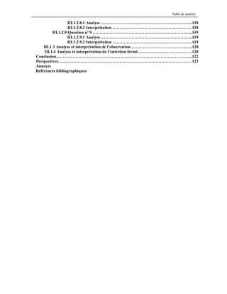 Table de matière

III.1.2.8.1 Analyse ………………………………………………………...118
III.1.2.8.2 Interprétation …………………………………………………118
III.1.2.9 Question nº 9 ……………………………………………………………...119
III.1.2.9.1 Analyse ………………………………………………………...119
III.1.2.9.2 Interprétation …………………………………………………119
III.1.3 Analyse et interprétation de l’observation……………………………………...120
III.1.4 Analyse et interprétation de l’entretien fermé…………………………………120
Conclusion……………………………………………………………………………………..122
Perspectives……………………………………………………………………………………123
Annexes
Références bibliographiques

 