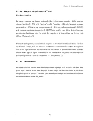 Chapitre III : Etude expérimentale

III.1.1.4.3 Analyse et interprétation du 3eme essai
III.1.1.4.3.1 Analyse

Le joueur a parcouru une distance horizontale (dh1= 2,96m) en un temps (t1 = 1,60s) avec une
vitesse d’arrivée (V= 3,70 m/s), l’angle d’envol à l’appui (α = 82degré), la détente verticale
mesurée (dvm = 0,78) avec une longueur de saut (L = 1,14 m) .La force maximale (F=34,06 N)
et la puissance maximale développées (P=124,77Watts) sont les plus faible de tout le groupe
expérimental. La distance entre le point de réception et la ligne médiane (dc= 0.35m) (voir
tableau nº3 et graphe nº1)

D’après le photogramme, nous constatons toujours un bon balancement et une bonne élévation
des bras vers l’arrière, mais une mauvaise coordination des mouvements des bras et des jambes
dues a une asynchronisation du mouvement de ces derniers .Il présente une bonne symétrie
entre le pied d’appel et le pied controlatéral et une bonne flexion des genoux lors de l’impulsion
(voir photogramme 3 eme essai et kinogramme 3eme essai(Annexe 3)).

III.1.1.4.3.2 Interprétation

La détente verticale réalisée étant la meilleure de tout le groupe. Elle est due d’une part, à un
grand angle d’envol, à une petite longueur de saut malgré une force maximale la plus faible
enregistrée parmi le groupe .Ce résultat peut s’expliquer aussi par une mauvaise coordination
des mouvements des bras et des jambes.

98

 