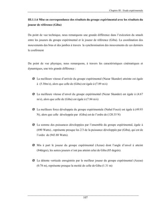 Chapitre III : Etude expérimentale

III.1.1.6 Mise en correspondance des résultats du groupe expérimental avec les résultats du
joueur de référence (Giba)

Du point de vue technique, nous remarquons une grande différence dans l’exécution du smash
entre les joueurs du groupe expérimental et le joueur de référence (Giba). La coordination des
mouvements des bras et des jambes à travers la synchronisation des mouvements de ces derniers
le confirment

Du point de vue physique, nous remarquons, à travers les caractéristiques cinématiques et
dynamiques, une très grande différence :
Ø La meilleure vitesse d’arrivée du groupe expérimental (Nazar Skander) atteinte est égale
à (5.30m/s), alors que celle de (Giba) est égale à (7.89 m/s)
Ø La meilleure vitesse d’envol du groupe expérimental (Nezar Skander) est égale à (4.67
m/s), alors que celle de (Giba) est égale à (7.84 m/s)
Ø La meilleure force développée du groupe expérimentale (Nahal Fouzi) est égale à (49.93
N), alors que celle développée par (Giba) est de l’ordre de (120.35 N)
Ø La somme des puissances développées par l’ensemble du groupe expérimental, égale à
(690 Watts) , représente presque les 2/3 de la puissance développée par (Giba), qui est de
l’ordre de (943.88 Watts).
Ø Mis à part le joueur du groupe expérimental (Azzas) dont l’angle d’envol à atteint
(84degre), les autres joueurs n’ont pas atteint celui de Giba (85 degrés).
Ø La détente verticale enregistrée par le meilleur joueur du groupe expérimental (Azzas)
(0.78 m), représente presque la moitié de celle de Giba (1.31 m)

107

 