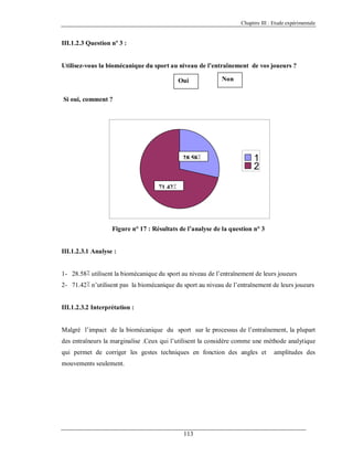 Chapitre III : Etude expérimentale

III.1.2.3 Question nº 3 :

Utilisez-vous la biomécanique du sport au niveau de l’entraînement de vos joueurs ?
Oui

Non

Si oui, comment ?

28.58٪

1
2

71.42٪

Figure n° 17 : Résultats de l’analyse de la question n° 3

III.1.2.3.1 Analyse :

1- 28.58٪ utilisent la biomécanique du sport au niveau de l’entraînement de leurs joueurs
2- 71.42٪ n’utilisent pas la biomécanique du sport au niveau de l’entraînement de leurs joueurs

III.1.2.3.2 Interprétation :

Malgré l’impact de la biomécanique du sport sur le processus de l’entraînement, la plupart
des entraîneurs la marginalise .Ceux qui l’utilisent la considère comme une méthode analytique
qui permet de corriger les gestes techniques en fonction des angles et
mouvements seulement.

113

amplitudes des

 