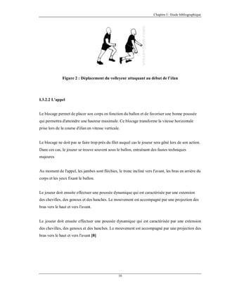 Chapitre I : Etude bibliographique

Figure 2 : Déplacement du volleyeur attaquant au début de l’élan

I.3.2.2 L'appel

Le blocage permet de placer son corps en fonction du ballon et de favoriser une bonne poussée
qui permettra d'atteindre une hauteur maximale. Ce blocage transforme la vitesse horizontale
prise lors de la course d'élan en vitesse verticale.

Le blocage ne doit pas se faire trop près du filet auquel cas le joueur sera gêné lors de son action.
Dans ces cas, le joueur se trouve souvent sous le ballon, entraînant des fautes techniques
majeures

Au moment de l'appel, les jambes sont fléchies, le tronc incliné vers l'avant, les bras en arrière du
corps et les yeux fixant le ballon.

Le joueur doit ensuite effectuer une poussée dynamique qui est caractérisée par une extension
des chevilles, des genoux et des hanches. Le mouvement est accompagné par une projection des
bras vers le haut et vers l'avant.

Le joueur doit ensuite effectuer une poussée dynamique qui est caractérisée par une extension
des chevilles, des genoux et des hanches. Le mouvement est accompagné par une projection des
bras vers le haut et vers l'avant [8]

16

 