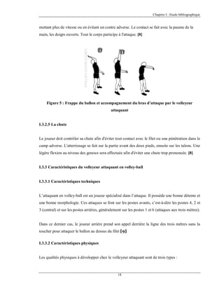 Chapitre I : Etude bibliographique

mettant plus de vitesse ou en évitant un contre adverse. Le contact se fait avec la paume de la
main, les doigts ouverts. Tout le corps participe à l'attaque. [8]

Figure 5 : Frappe du ballon et accompagnement du bras d’attaque par le volleyeur
attaquant

I.3.2.5 La chute

Le joueur doit contrôler sa chute afin d'éviter tout contact avec le filet ou une pénétration dans le
camp adverse. L'atterrissage se fait sur la partie avant des deux pieds, ensuite sur les talons. Une
légère flexion au niveau des genoux sera effectuée afin d'éviter une chute trop prononcée. [8]

I.3.3 Caractéristiques du volleyeur attaquant en volley-ball

I.3.3.1 Caractéristiques techniques

L’attaquant en volley-ball est un joueur spécialisé dans l’attaque. Il possède une bonne détente et
une bonne morphologie. Ces attaques se font sur les postes avants, c’est-à-dire les postes 4, 2 et
3 (central) et sur les postes arrières, généralement sur les postes 1 et 6 (attaques aux trois mètres).

Dans ce dernier cas, le joueur arrière prend son appel derrière la ligne des trois mètres sans la
toucher pour attaquer le ballon au dessus du filet [9]
I.3.3.2 Caractéristiques physiques

Les qualités physiques à développer chez le volleyeur attaquant sont de trois types :

18

 